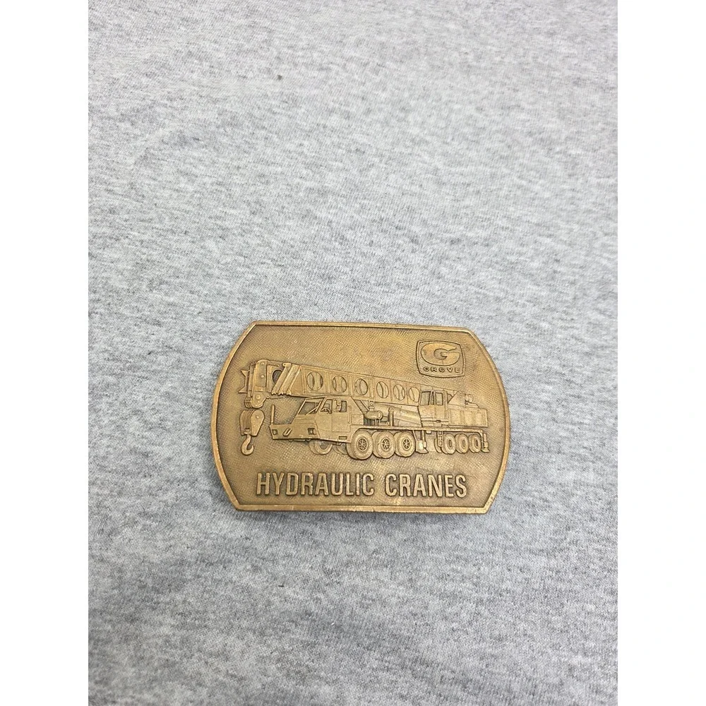 Vintage 1970s Solid Brass Grove Hydraulic Cranes Heavy Belt Buckle Mens USA